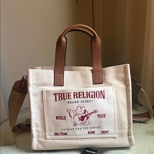 True Religion Medium Buddha Pocket Tote Removable Crossbody Canvas Bag